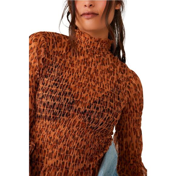 Free People Hello There Top Leopard Print Mesh Long Sleeve Ruched - Picture 5 of 14